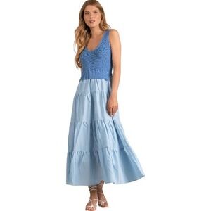 ELAN Blue Maxi Dress Tiered Skirt Knit Top Playful Whimsical Feminine Large